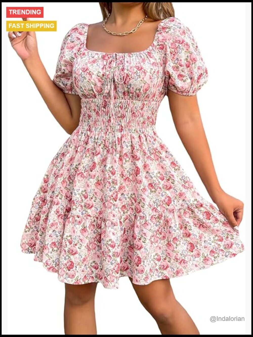 Boho Square Neck Puff Short Sleeve Self Tie Front A Line Dress